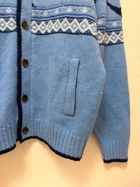 Lands' End Sky Blue Shawl Collar Fair Isle Cardigan with Navy Trim - Picture 4 of 7